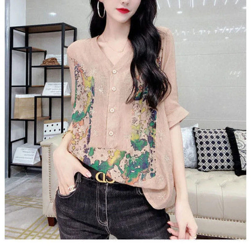 Korean Commuter 2024 Summer New Women\'s Thin Style V-Neck Button Printed Spliced Half Sleeve Loose Elegant Fashion Blouse Shirt