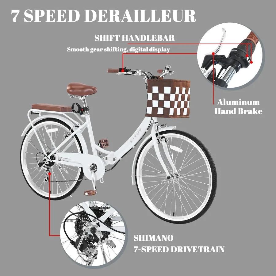 دراجة شاطئ كروزر قابلة للطي مقاس 26 بوصة للنساء مع سلة 7 سرعات بسعة 330 رطل نظام فرامل V مزدوج مثالي للتنقل في الحضرية