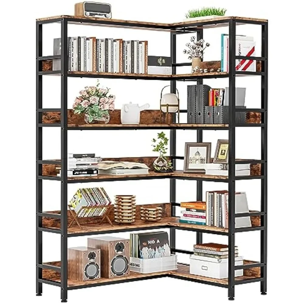 6 Tiers Corner Bookcases with Baffles Etagere Shelf Storage Rack with Metal Frame for Living Room Home Office，Bookshelves