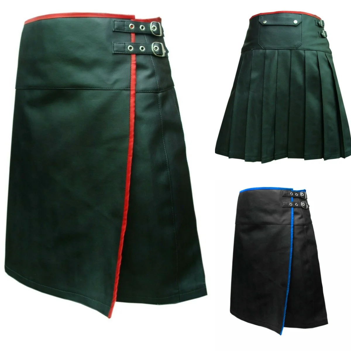 Mens Pure Black Leather Kilt Wrap Around Halloween Wear Traditional Kilt Costume