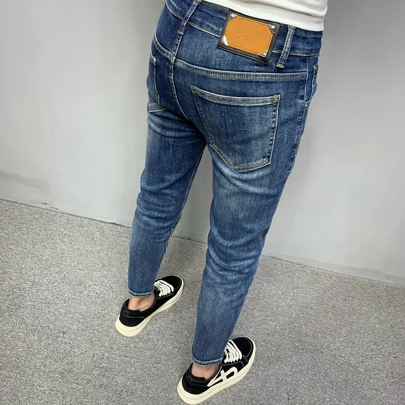 

Men's Thin Denim Jeans Summer New Sle Waed Blue Slim Fit Casual Faion Small Foot Nine Point Pants Cotton Elastic Fabric
