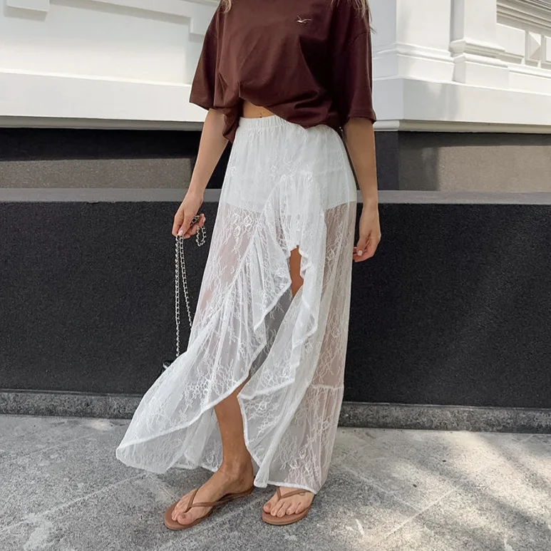 White Lace Asymmetrical Maxi Skirt Women Ruffle Layer High Slit Sheer Floral Pattern Robe Fashion Daily Wears Skirts 2026