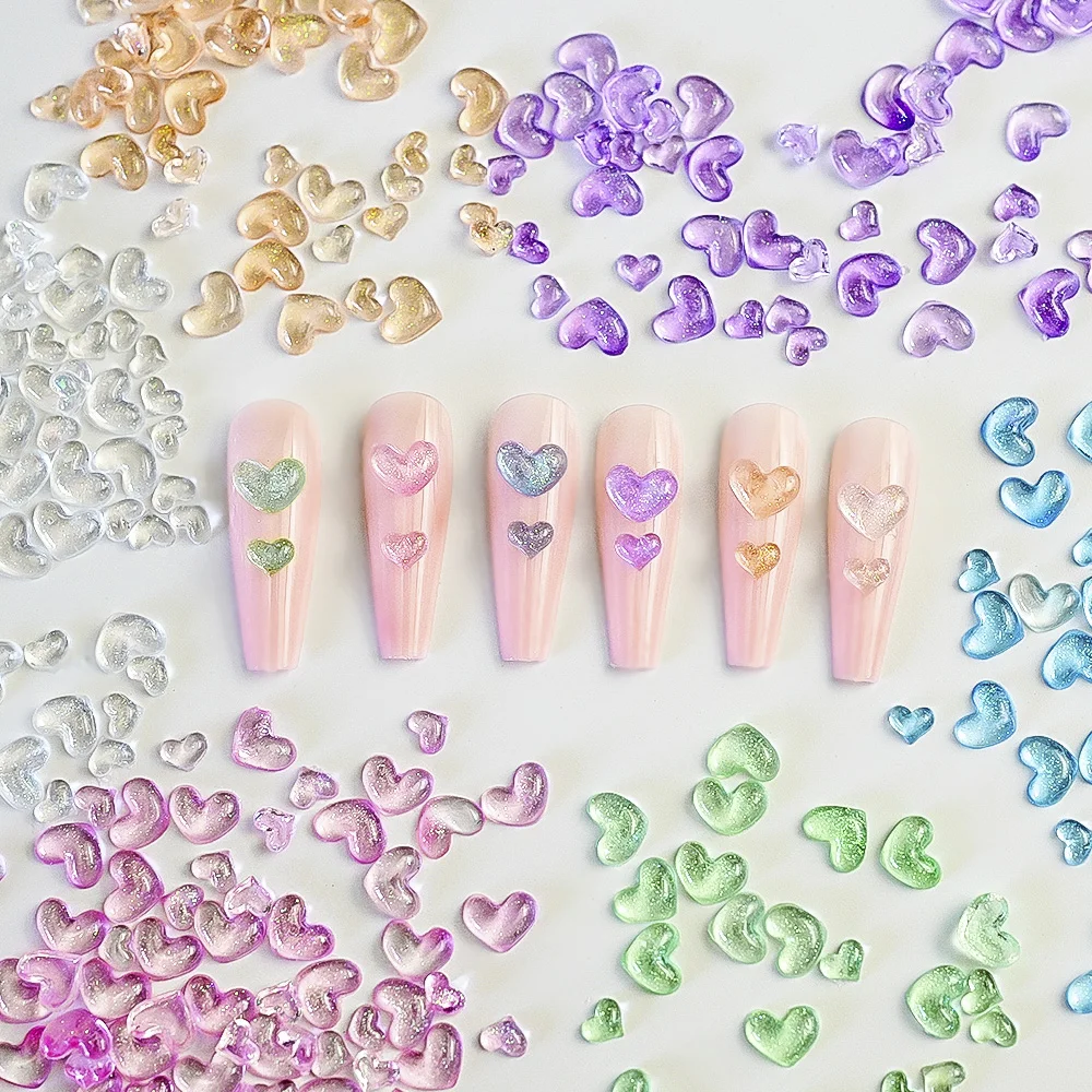 100 Uds. Brillo amor corazón resina Kawaii Nail Art Charm dibujos animados corazón decoración de uñas tamaño mixto a granel manicura joyería de diamantes de imitación