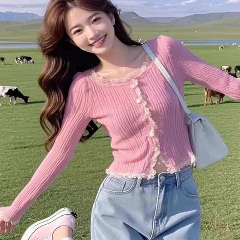 

Korean Lace New Knitted Sweater Cardigan Short Slim Fit Lace Long-sleeved Top