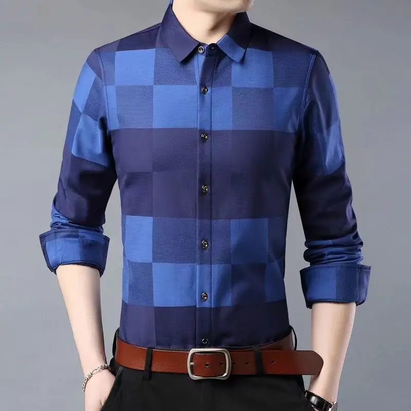 

2023 Spring Autumn New Formal Printing Multicolor Turn-down Collar Long Sleeve Polo Shirts Men Fashion Plaid Buttons Shirts Tops