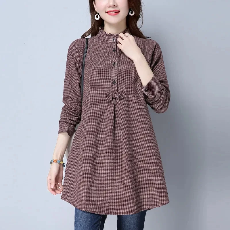 

Autumn Femme High-end Cotton Grid Top Korean Women Fashion Large Size 4XL Shirts Coat Spring Lady Stand Collar Bow Blouse Jacket