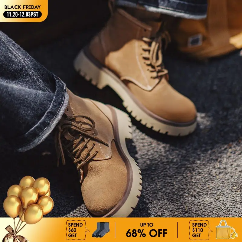 

Maden Vintage Men's Cow Suede High-Top Boots Chunky Round Toe Work Desert Boots Lace-Up Ankle Boots for Fall Winter Casual Shoes