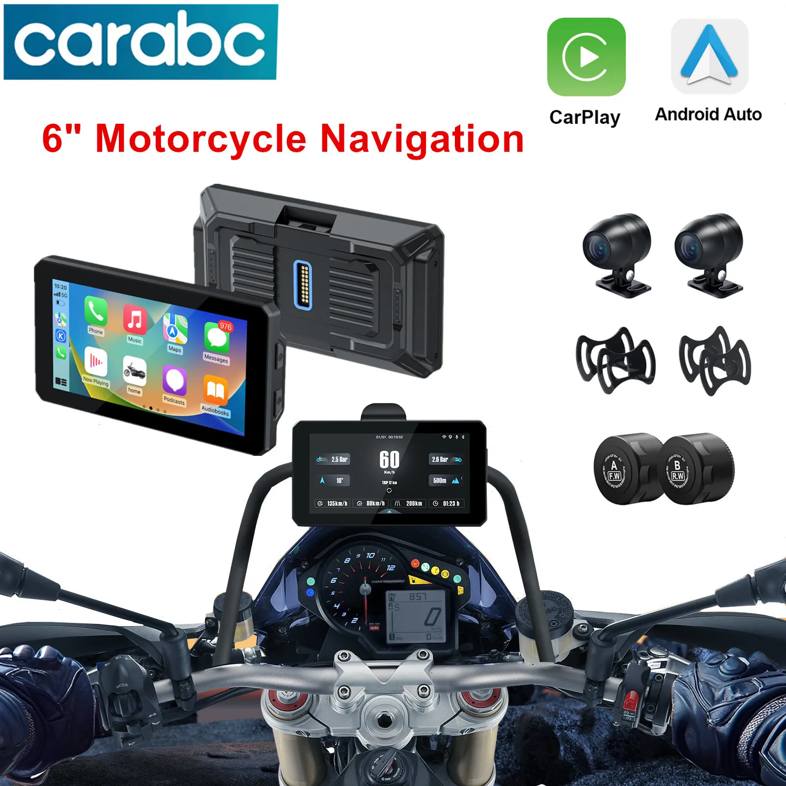 

Portable 6 inch Motorcycle GPS Navigation Wireless Carplay Android Auto IP68 Waterproof DVR Drive Recorder Moto TPMS