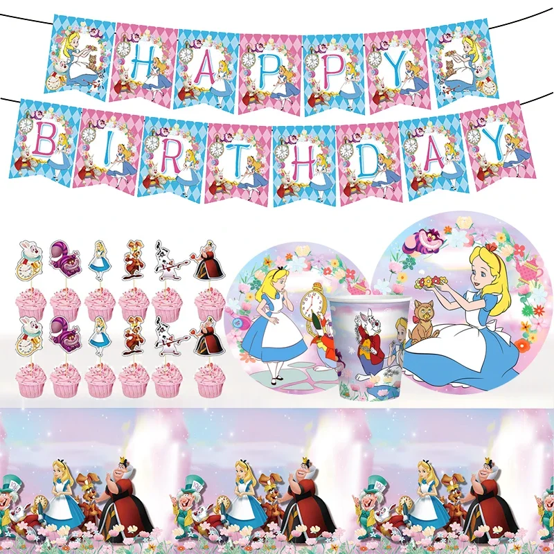 Alice In Wonderland Girls Birthday Party Disposable Tableware Paper Plates Cups Gender Reveal Decoration Tea Party Wedding Decor