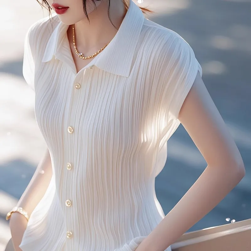 

White Lapel Short-sleeved Shirt Women's Summer Thin Top
