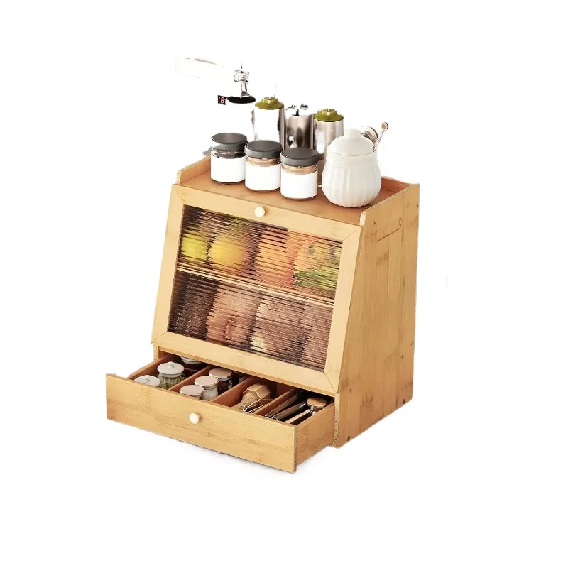 

Double Bamboo Bread Box with Drawer Natural Acrylic Door Kitchen Countertop Food Storage Container
