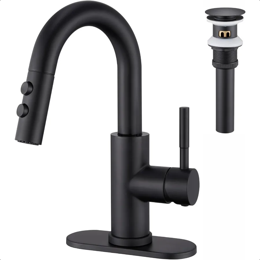 

Bathroom Sink Faucet with Pull Down Sprayer Matte Black Single Handle Pull Out Faucet with PopUp Drain 1 or 3 Hole Laundry Bar