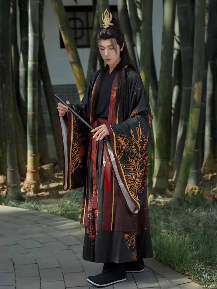 

Новинка 2025 года, черные винтажные костюмы ханьфу, мужской карнавальный костюм на Хэллоуин, наряд для вечеринки, Hanfu, большой размер 3XL, китайский мужской ханьфу