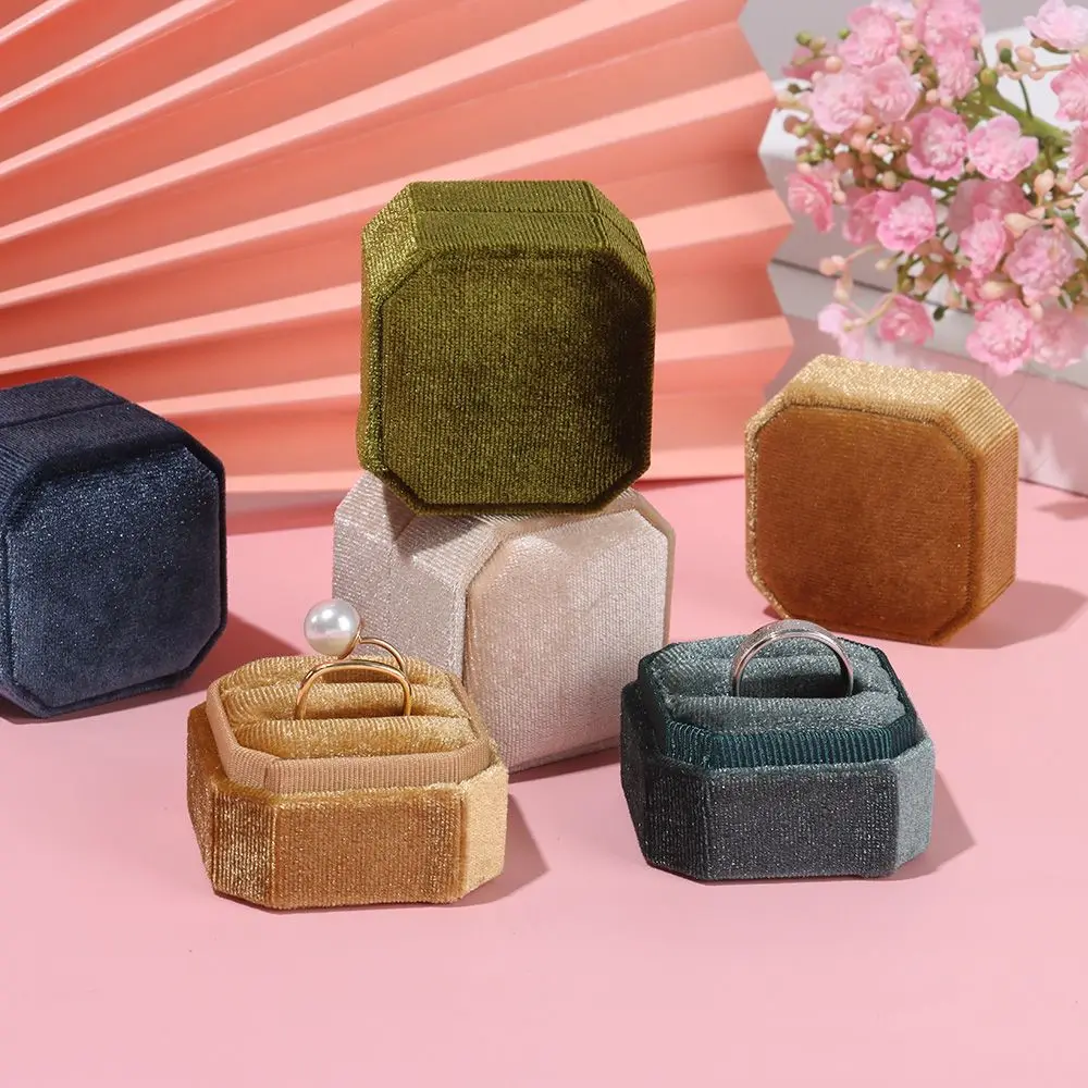 Velvet Jewelry Box Earrings Package Double Ring Storage Box Woman Gift Hexagon Shape Case Wedding Ring Display Box