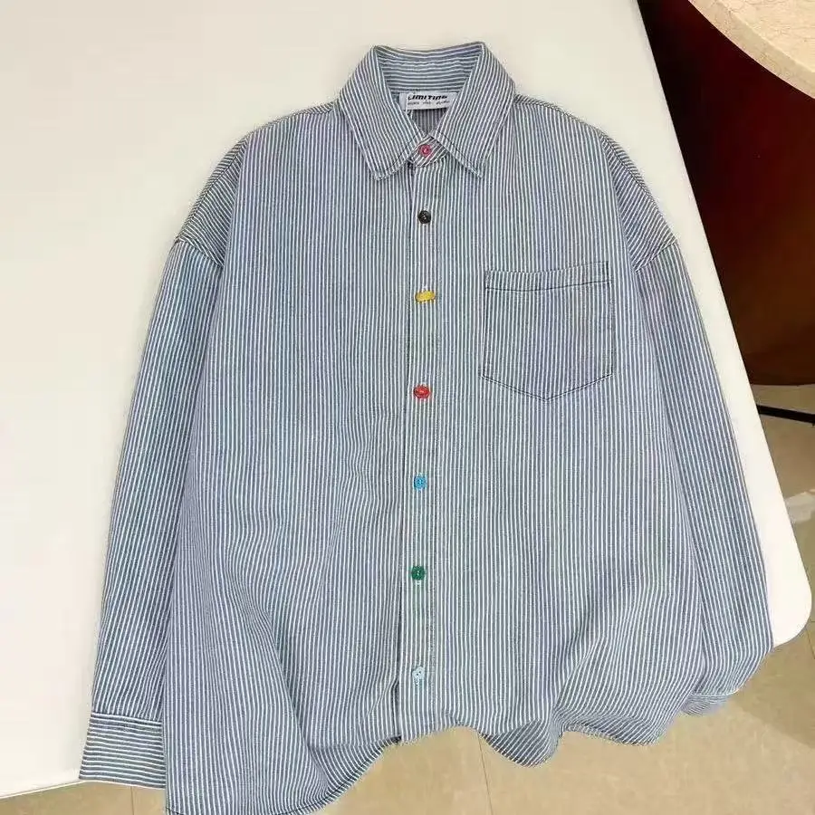 Classic Blue Solid Y2K Shirts Autumn Spring Womens Casual Long Sleeve Collared Button Closure Tops Streetwear Retro T-Shirts