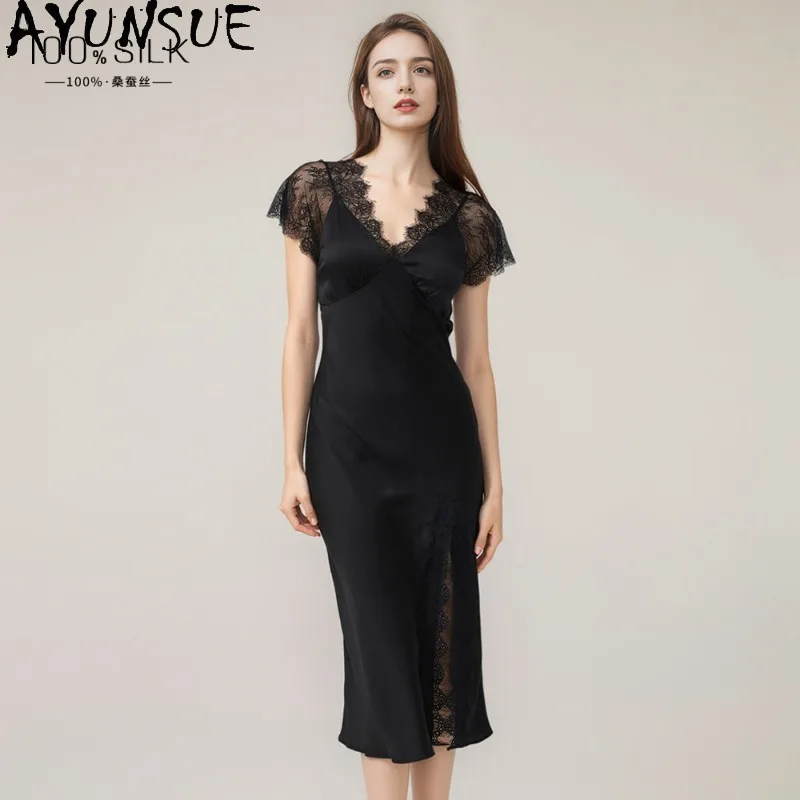 

AYUNSUE 92% Silk Night Dresses for Woman Solid Color Slit Dress with Chest Pads V-neck Long Nightgowns Pajamas for Women Пижама
