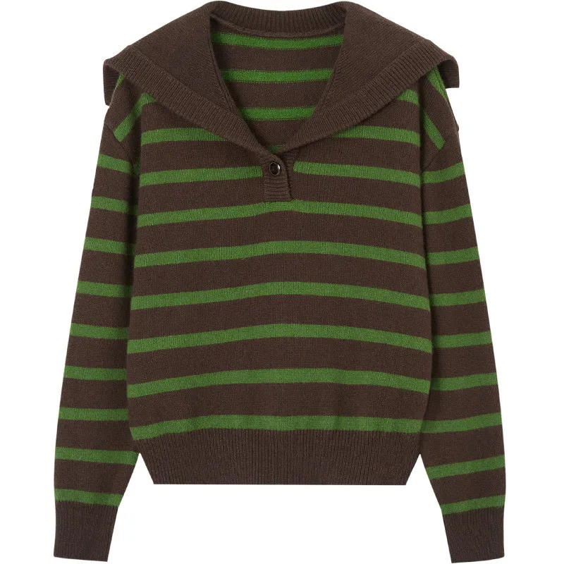 Navy collar cashmere sweater new simple commuter contrast striped loose sweater