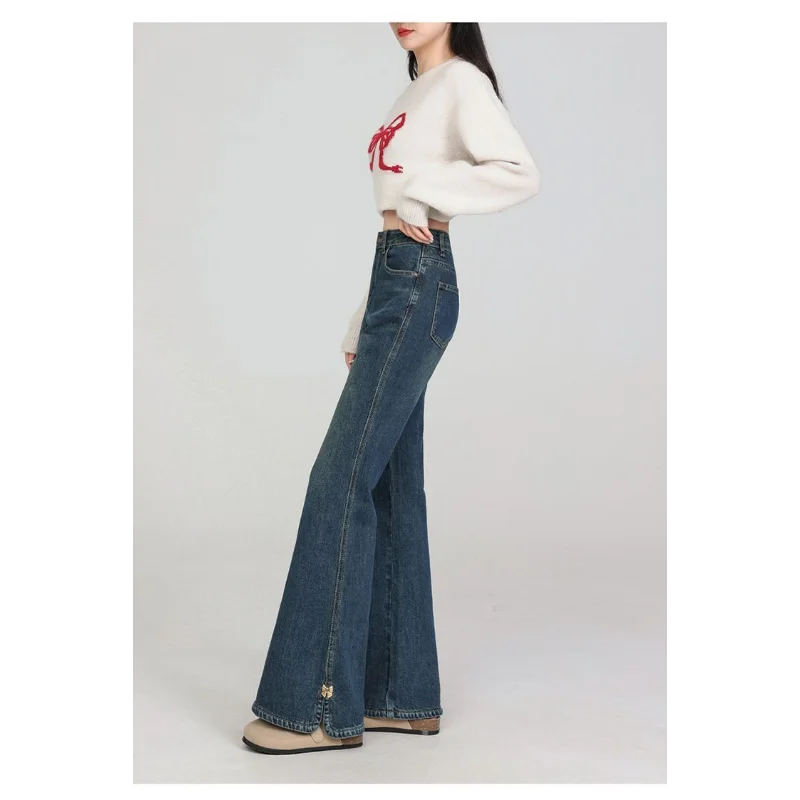 Celana Jeans High-waisted Model Slit Sedikit Melebar, Gaya Retro, Serbaguna, Ramping, Cocok untuk Musim Semi dan Gugur