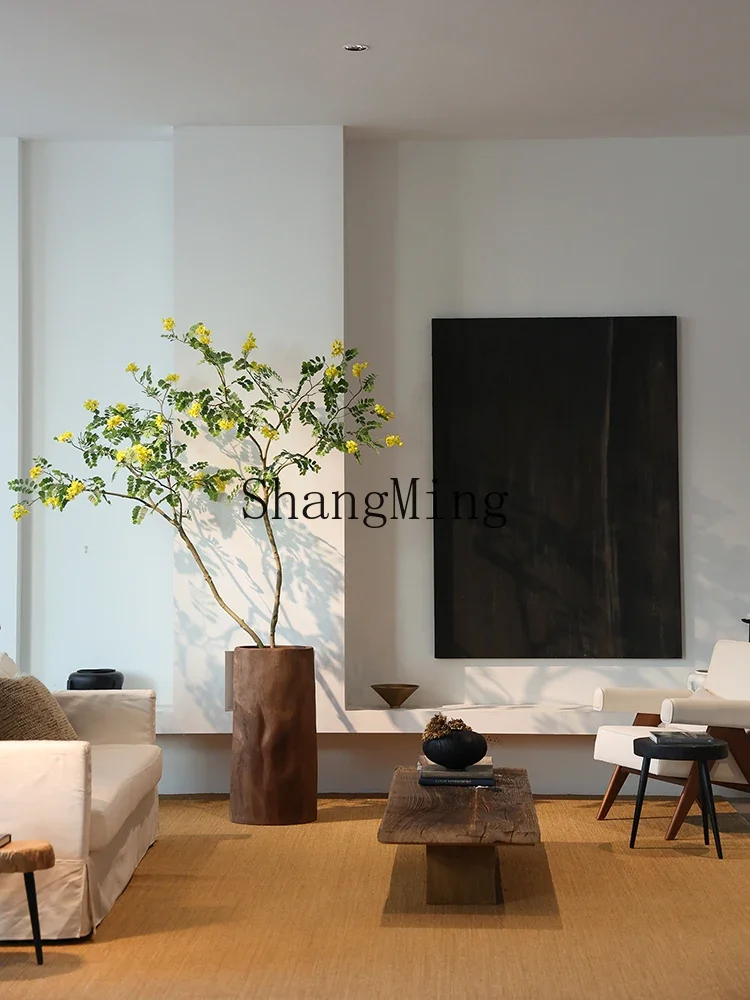 LXY floor simulation green plant flower tree wooden barrel locust flower yellow travertine restaurant ornament