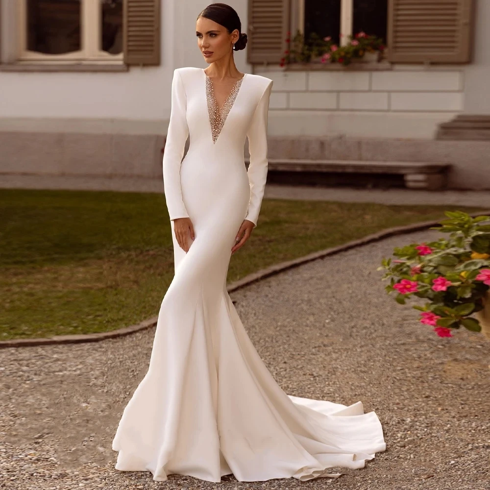 Abiti da sposa semplici in raso abiti da sposa eleganti abiti Sexy abito lungo fino al pavimento senza schienale con scollo a v profondo per abiti da sposa De Novia