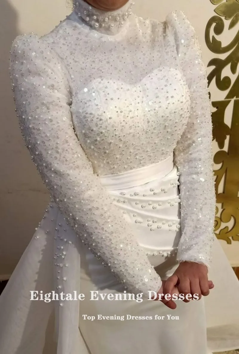 Robe de mariée arabe de quatre-quarts personnalisée ivoire col haut perles robe de mariée manches longues perlée musulmane sirène robe de soirée de mariée