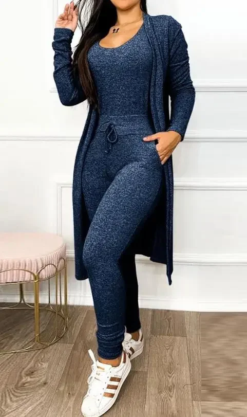 Two Piece Set Women Outfit 2024 Spring Fashion Drawstring Pocket Design U-Neck Sleeveless Skinny Jumpsuit & Long Sleeve Coat Set