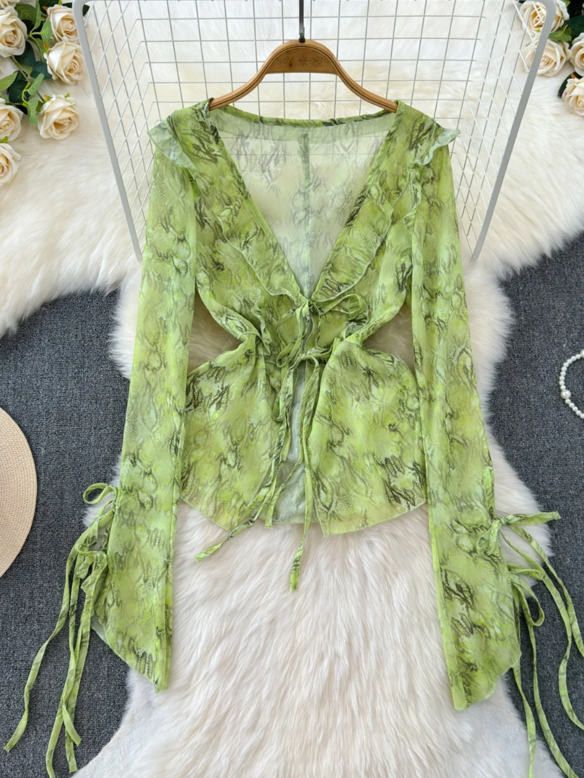 Ele Summer V-Ne Long Sve Wrap Dr Set Женский пляжный комплект из двух предметов с завязками на талии Юбка с подтягивающим кроем