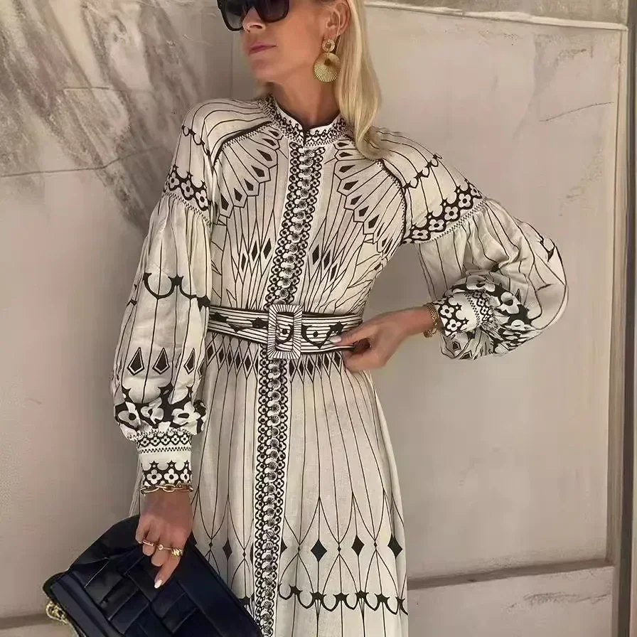 Spring and Summer New Court Style Temperament Elegant Long-sleeved Belt Buckle Print Dress Women