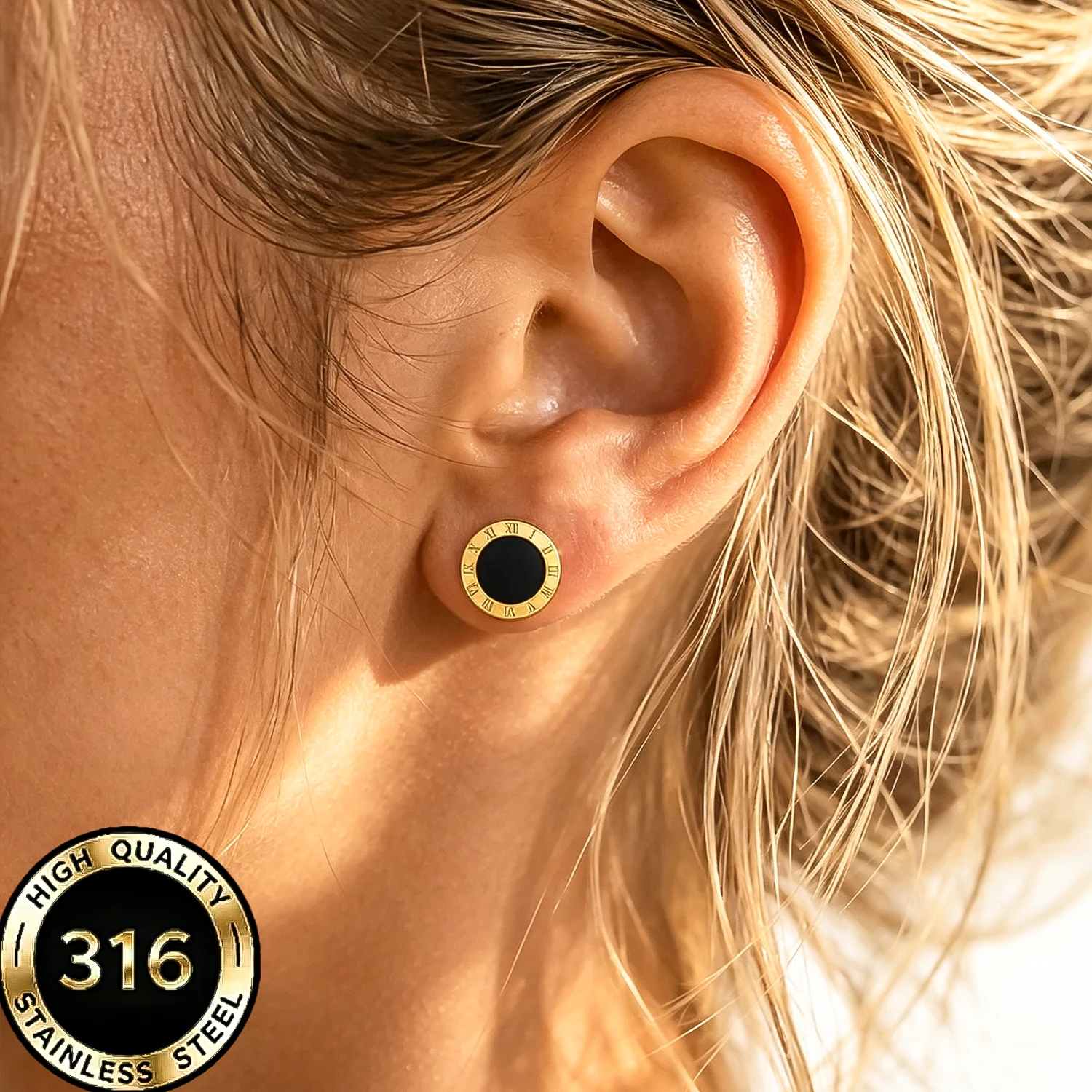 Stainless Steel Roman Numeral Round Stud Earrings 18K Gold Plated Black Enamel Tarnish Resistant Retro Daily Fashion Jewelry