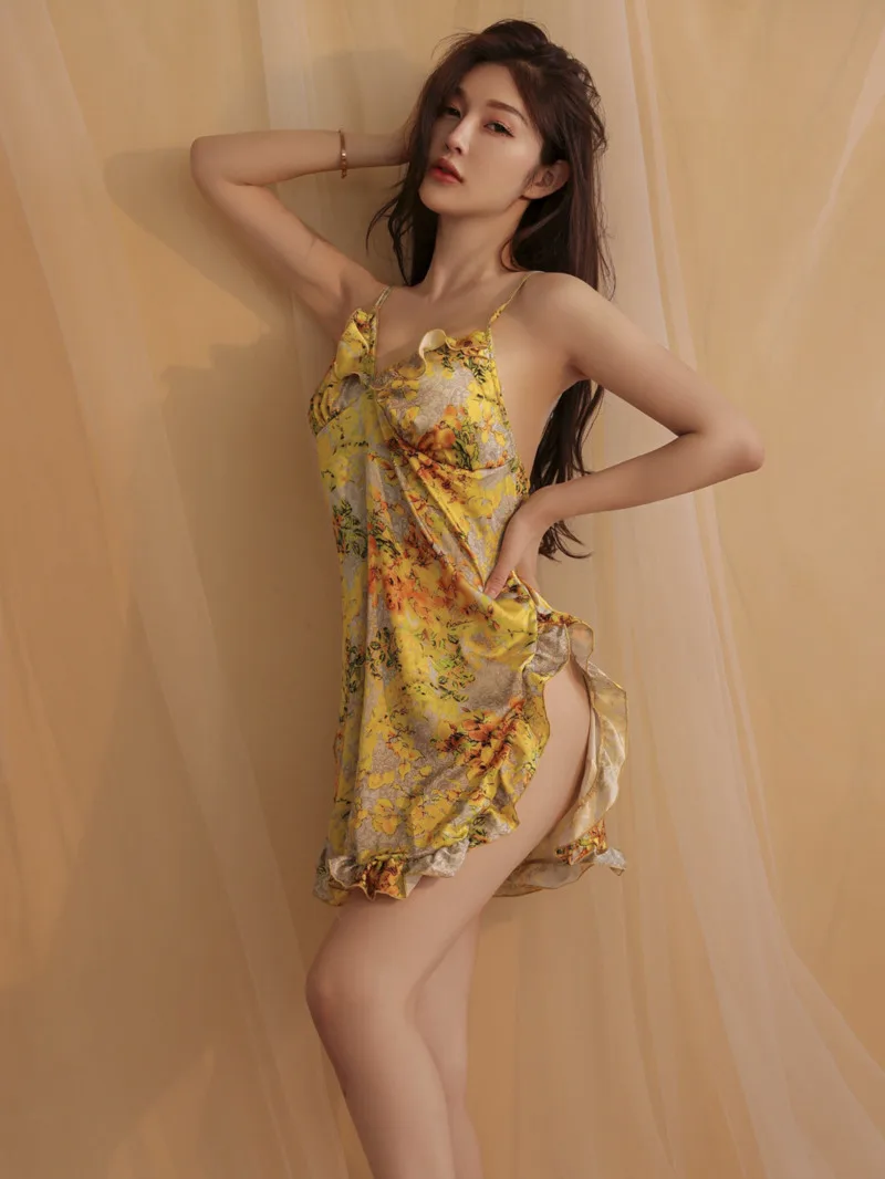 

Summer Sexy Deep V With Chest Pad Backless Allure High Slit Printed Satin Suspender Elegant Sleepwear Shirt Dress Vintage S8YD