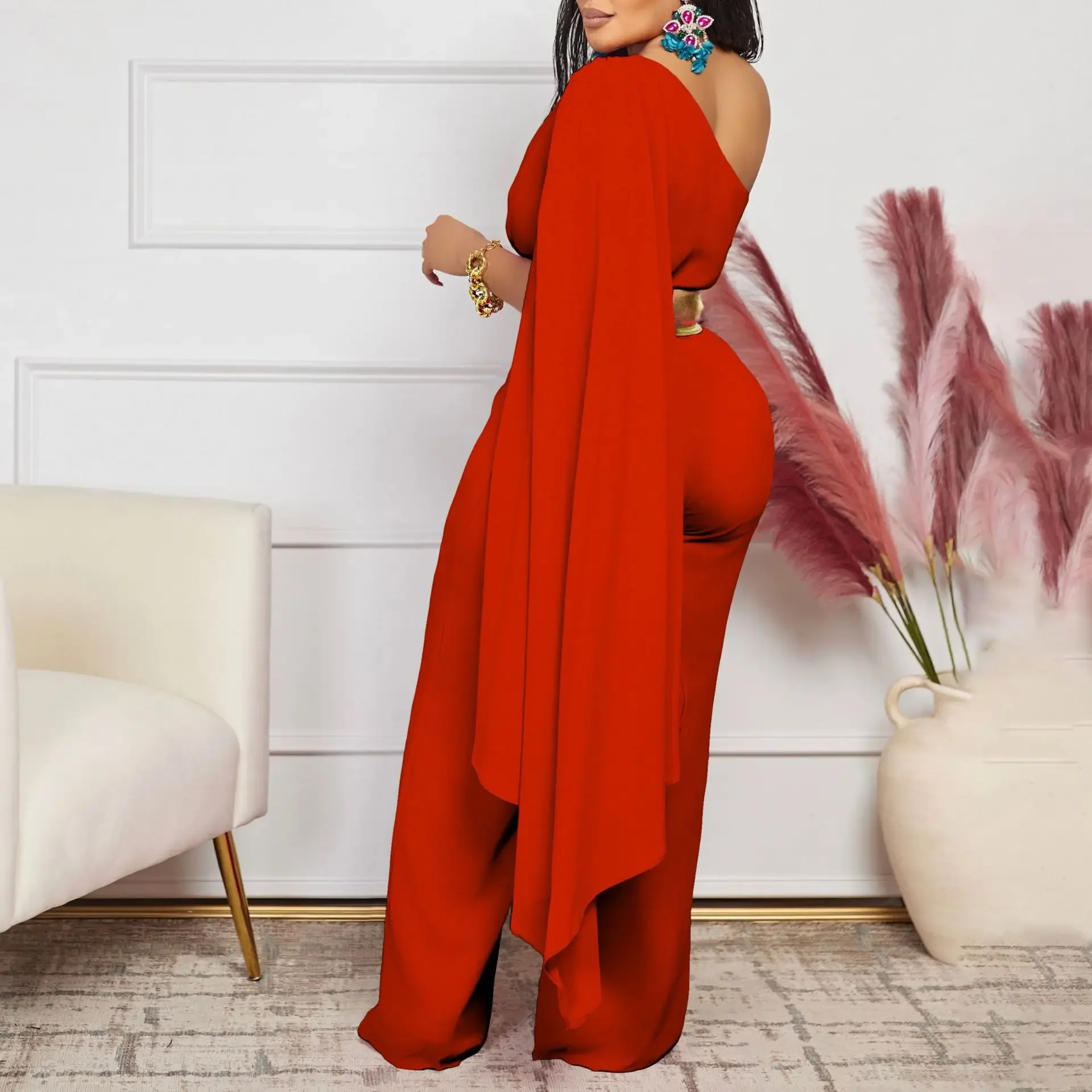 Womens Red Jumpsuits 2025 Spring and Summer Temperament Oblique Collar Splicing Pleated High-waisted African Jumpsuit For Female