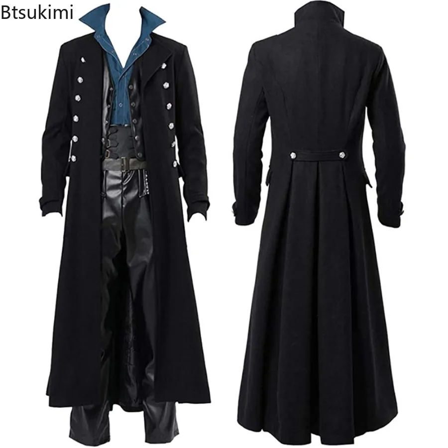 Mittelalterliche Renaissance Männer Langer Mantel Graben Cosplay Kostüm Mittelalter Retro Gericht Adlige Kleidung Schwarz Rot Braun Jacke S-5XL