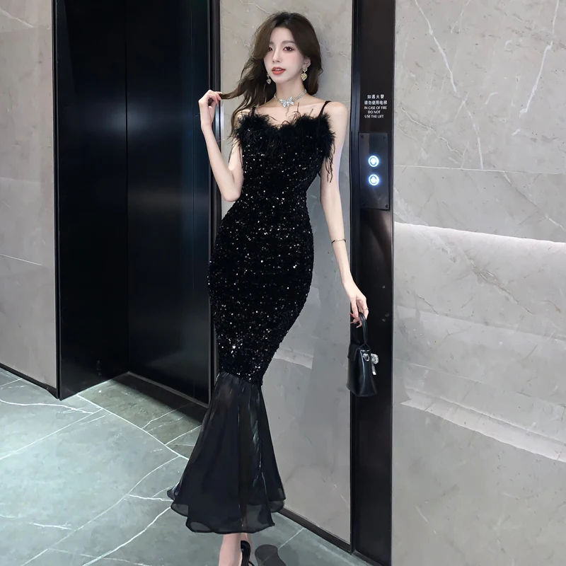 Women\'s French Style Velvet Spaghetti Elegant Lady Sequined Evening Straps Long Dress Summer Black Fishtail Sheath Dresses