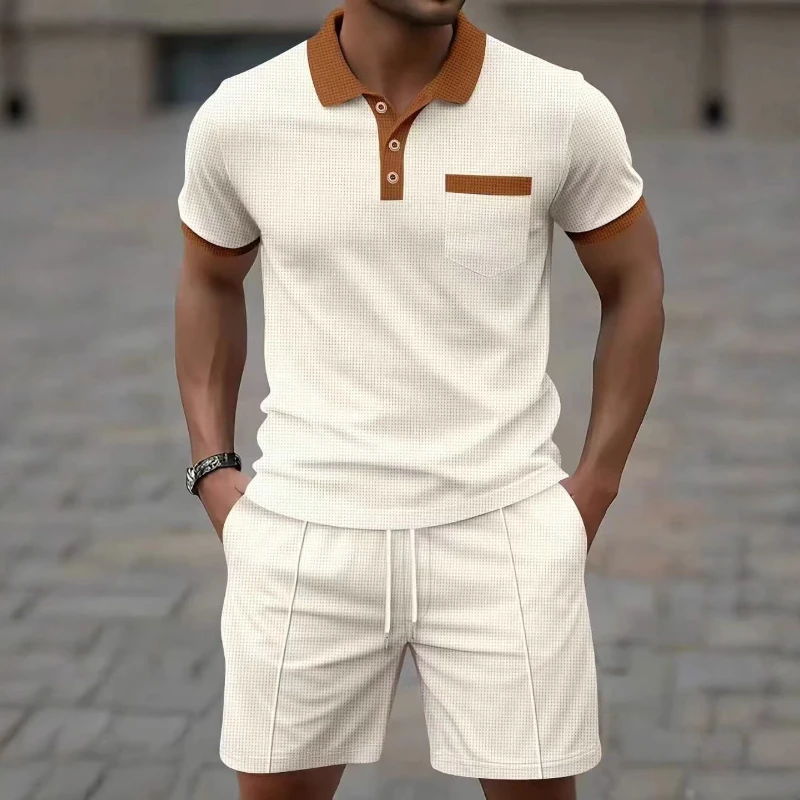 Summer New Men's Collar Color Blocked Short Sleeved Shorts Set