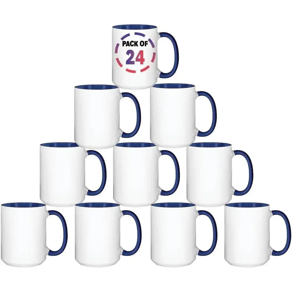 

15oz Blue Sublimation Mugs – Blank Ceic Cups or Heat Transer Printing – Set o 24 Bulk Mugs or Custom Crating, Customizable Drink