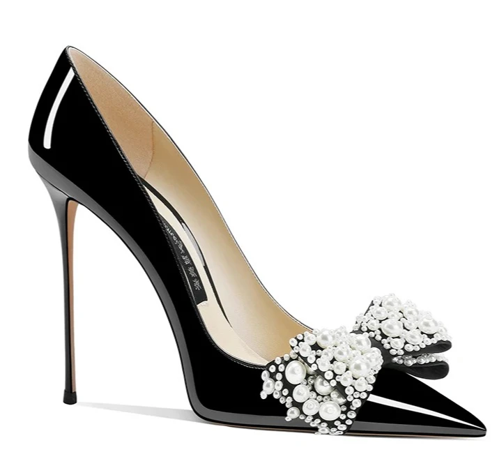 

Black High Heels 2025 Thin Heels Light Mouth Bow Single Shoes Women