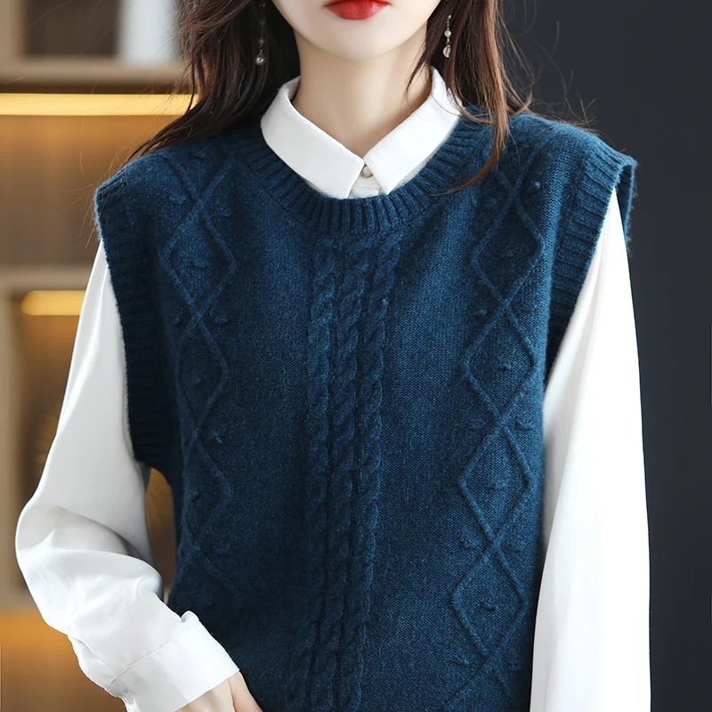 Spring 100% Wool Sweater Vest Women Sleeveless O-Neck Knitted Vest Female Solid Color Casual Pullover Loose Large Size Tank Tops