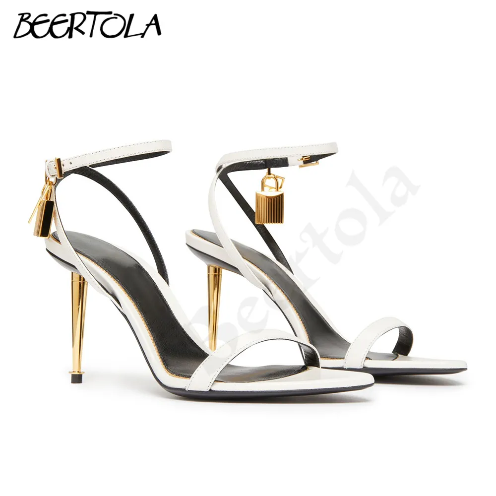 Women\'s Metal Heel One-Strap Sandals Round Toe Stiletto Heels Metal Buckle Textured High Heel Sandals Temperament Fashion Sandal