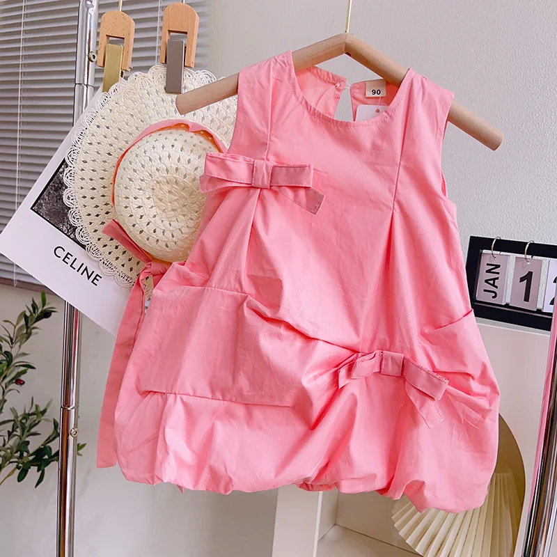 2023 Summer New Arrival Girls Sleeveless O Neck Bow Pink Green Cute Roupa Infantil Menina Cute Party Dress Custume 18M-7T