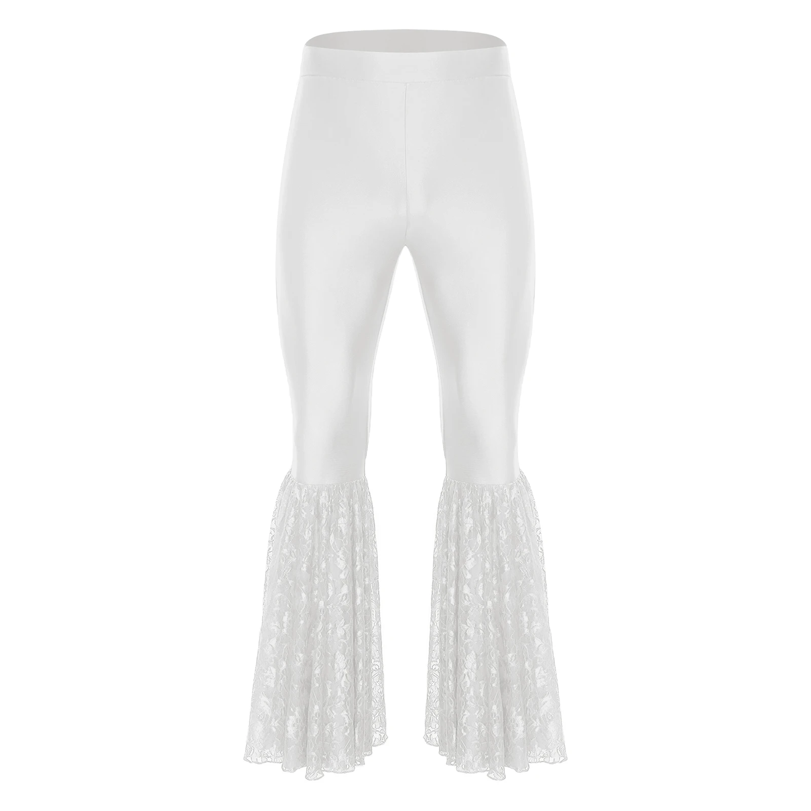 Men's Latin Dance Long Pants Lace Patchwork Bell-Bottom Disco Pants Elastic Waistband Flared Trousers for Halloween Theme Party