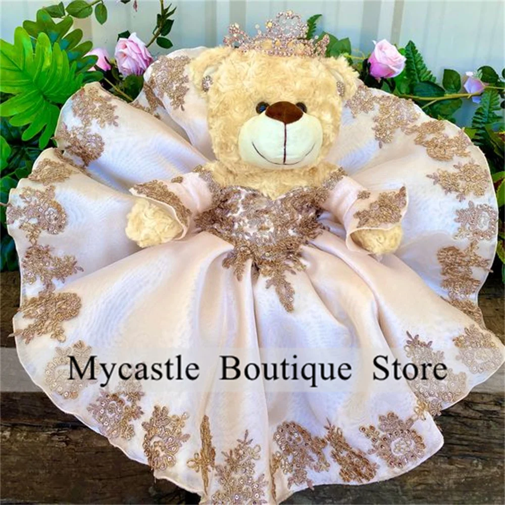 

Rose Gold Tulle Lace Appliques Quinceanera Teddy Bear Dress Beaded Mini Quinceanera Dress