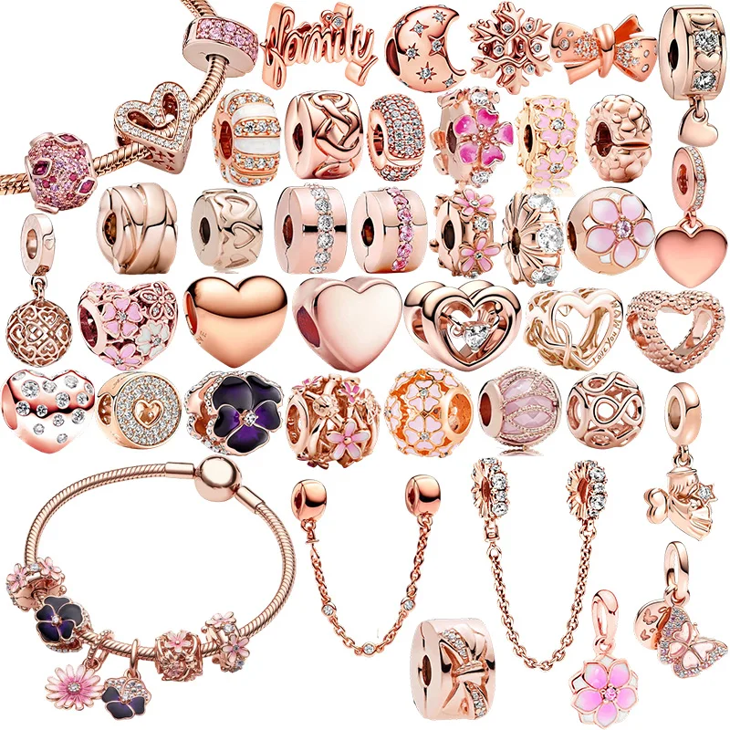 

2026New Hot Sparking Rose Gold Charm Beads Pendant Fit Original Snake Silver Bracelet Necklace Beads For Diy Jewelry Women Gift