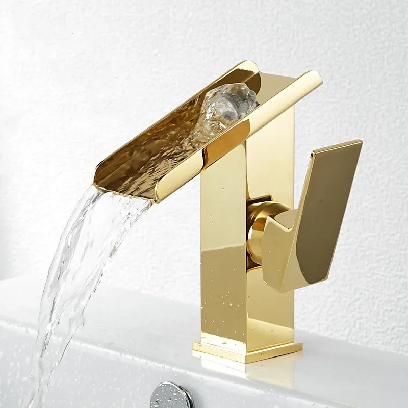 

Gold Basin Faucet Brass Sink Mixer Tap Hot & Cold Bathroom Deck Mounted Waterfall Sink Faucet Lavatory Crane Tap Gold