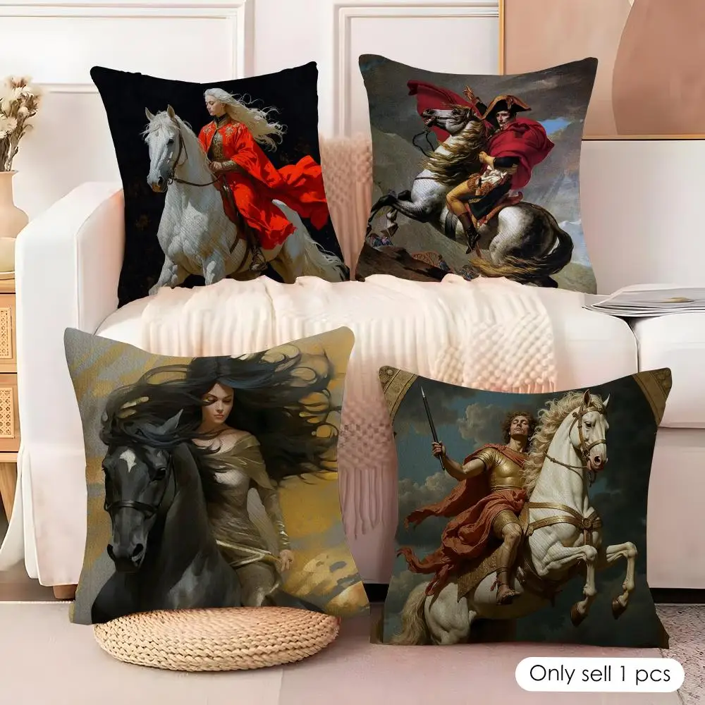 Rider Horse Painting Cushion Cover Pillowcase Ultra Soft Skin Friendly Fabric Cloud Like Comfort & Concealed Zipper