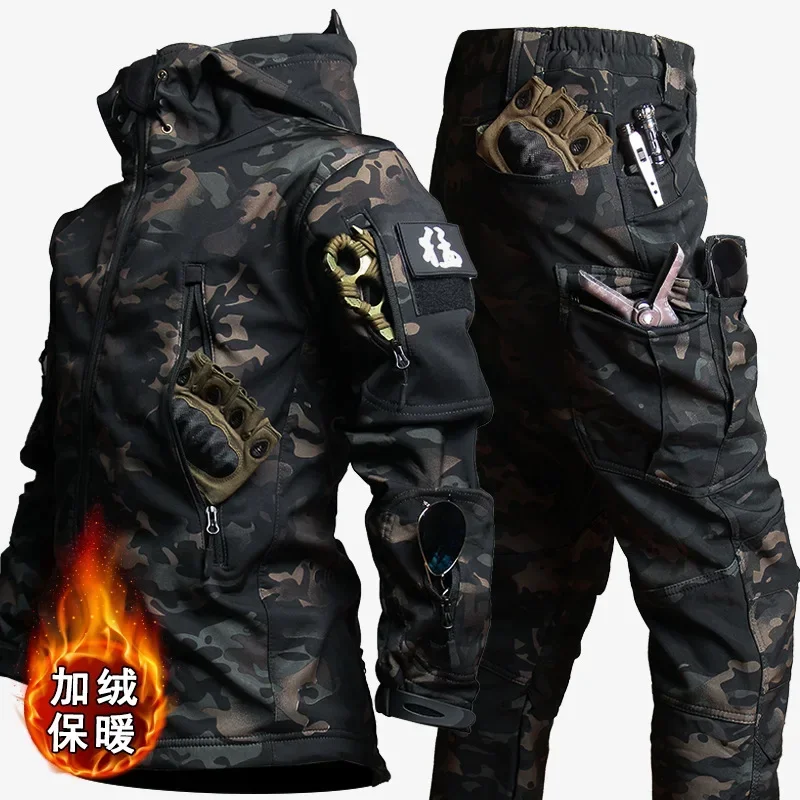 Winter Waterproof Tactical Jackets Sets Men Outdoor Soft Shell Hiking Hunting Jacket Suit Fleece Cargo Pant Tracksuits