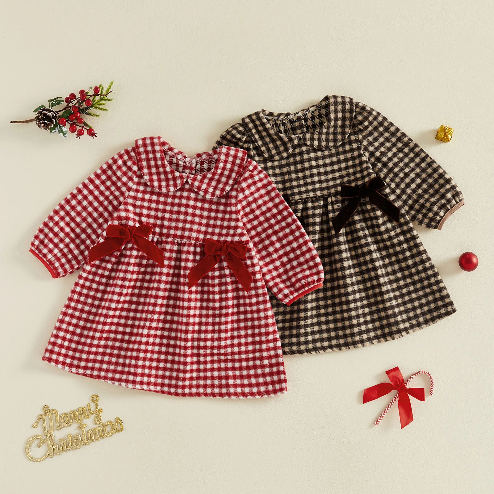 1-5Y Autumn Winter Kids Girls Plaid Dress Long Sleeve Doll Collar Bow Dresses for Casual Daily