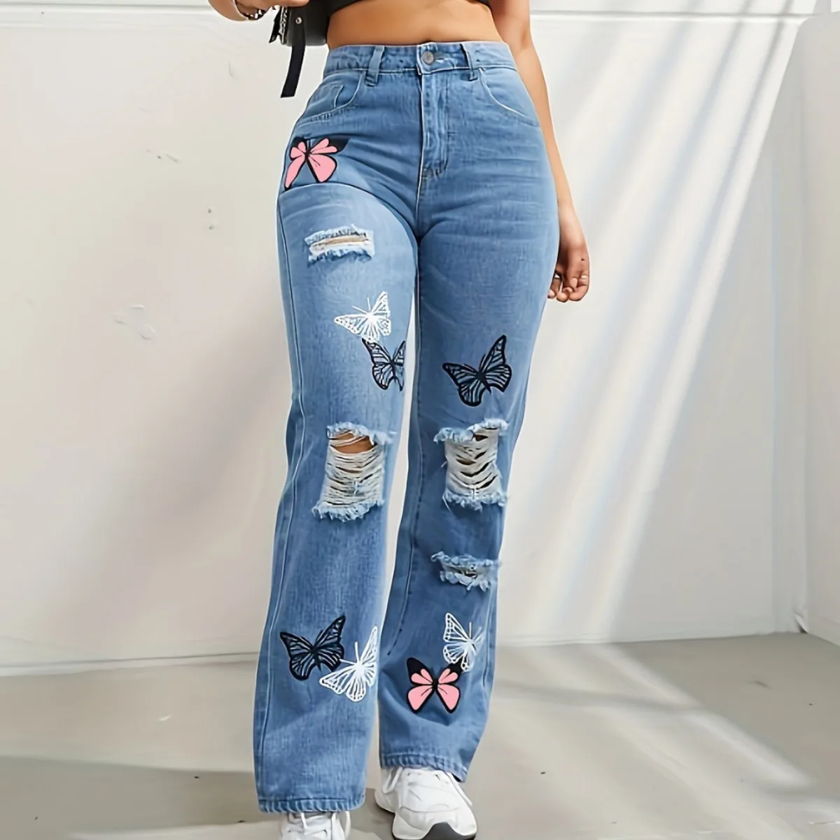 Butterfly Print Ripped High-waisted Jeans, Women's Spring and Summer New Fashion Spell Color Casual Loose Straight Barrel Jeans