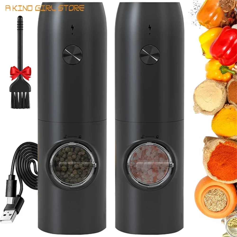 Molinillo de pimienta eléctrico recargable, molinillos de sal y pimienta, carga USB, molinillo de especias con luz LED, molinos de aspereza ajustables