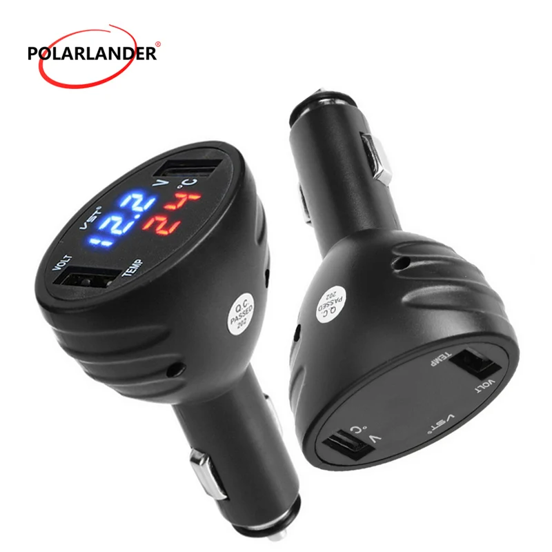 Usb Interface Car Charger 12V 24V Temperature Voltage Meter 3 in 1 Digital LED Thermometer Monitor Dual USB Ports Accessories