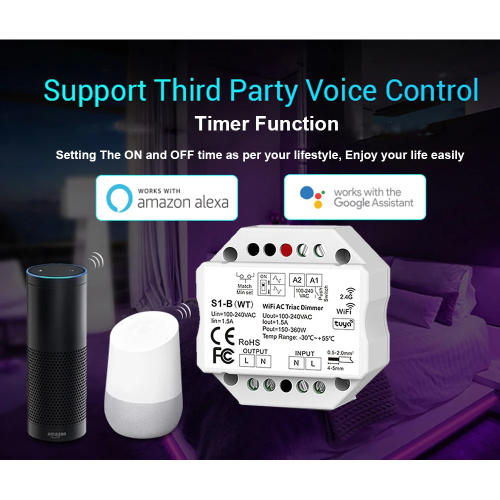 Tira de LED Triac con WiFi, atenuador inalámbrico RF + Push S1-B (WT), interruptor de 2,4G, control remoto táctil RF, aplicación Tuya para Alexa y Google